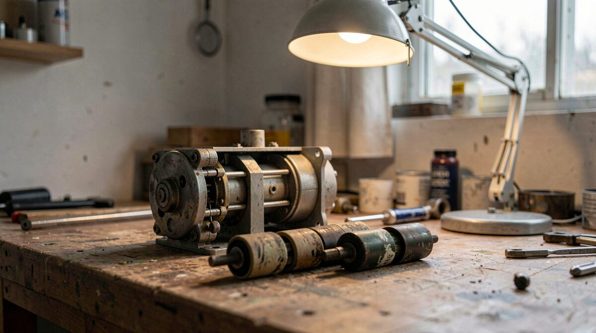 Un moteur de portail coulissant ouvert sur son capot, posé sur un établi d'atelier, éclairé par une lampe d'architecte, avec un condensateur et des galets usés alignés devant, cadrage serré de trois quarts.