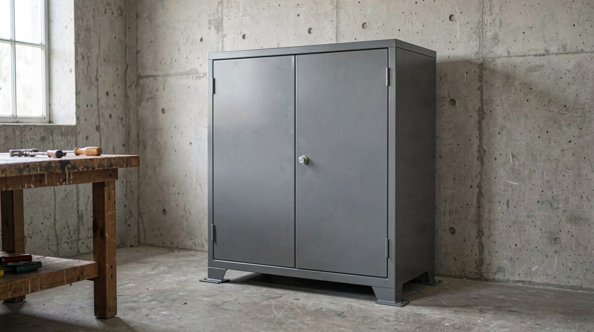 Une armoire forte métallique grise fixée au sol dans un atelier technique en béton brut, portes fermées, un établi en bois à gauche avec quelques outils posés, lumière naturelle entrant par une fenêtre latérale, cadrage frontal à hauteur d'homme