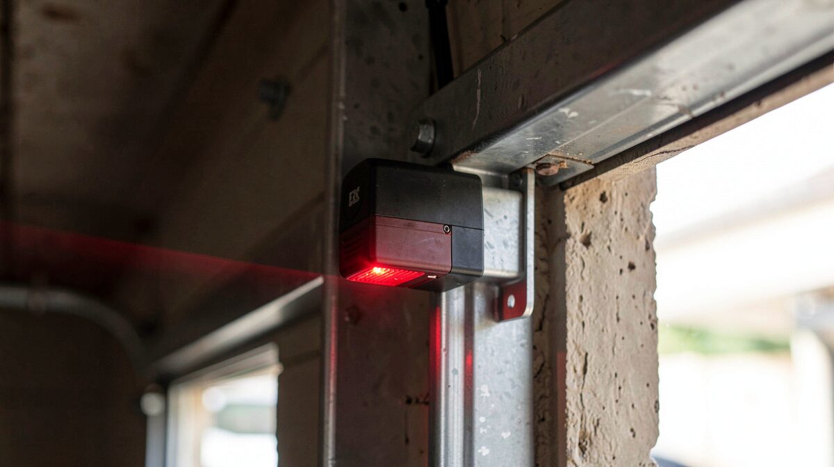 Vue rapprochée d'une cellule photoélectrique de porte de garage fixée sur un montant métallique, faisceau rouge visible dans la pénombre d'un garage, lumière naturelle latérale entrant par l'ouverture, cadrage serré sur le boîtier et son support.