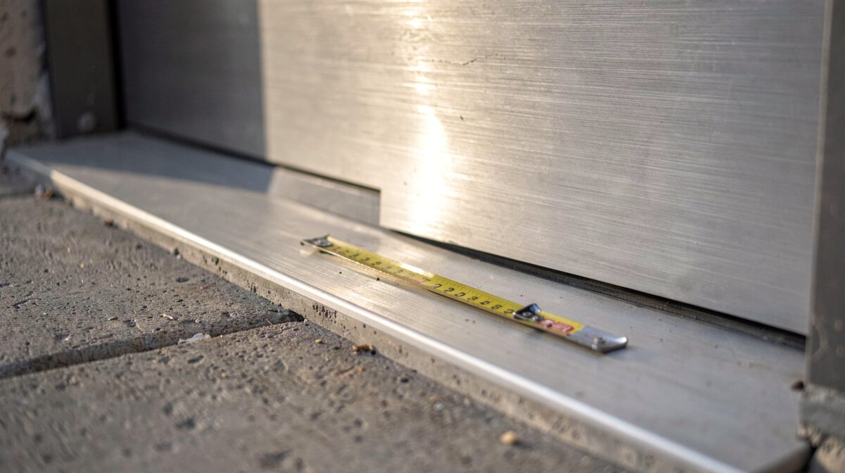 Un seuil de porte d'entrée en aluminium brossé vu de trois quarts, posé sur une dalle béton, avec un mètre ruban déplié posé à plat contre le ressaut, lumière rasante de fin d'après-midi, cadrage serré au niveau du sol.